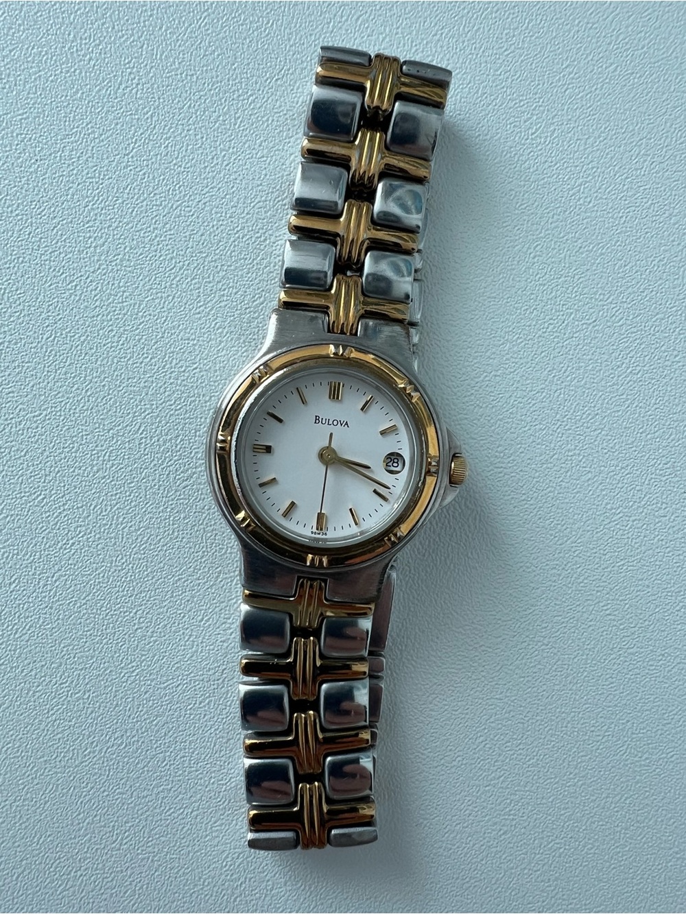 Bulova Timeless Women’sTwo-Tone Silver and Gold Watch with White Dial. Gorgeous!